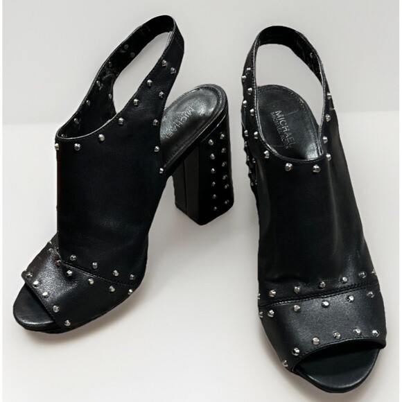 Michael Kors Astor Black Silver Stud Open-toe Leather Block Heels Sz 8.5 M - Picture 1 of 10